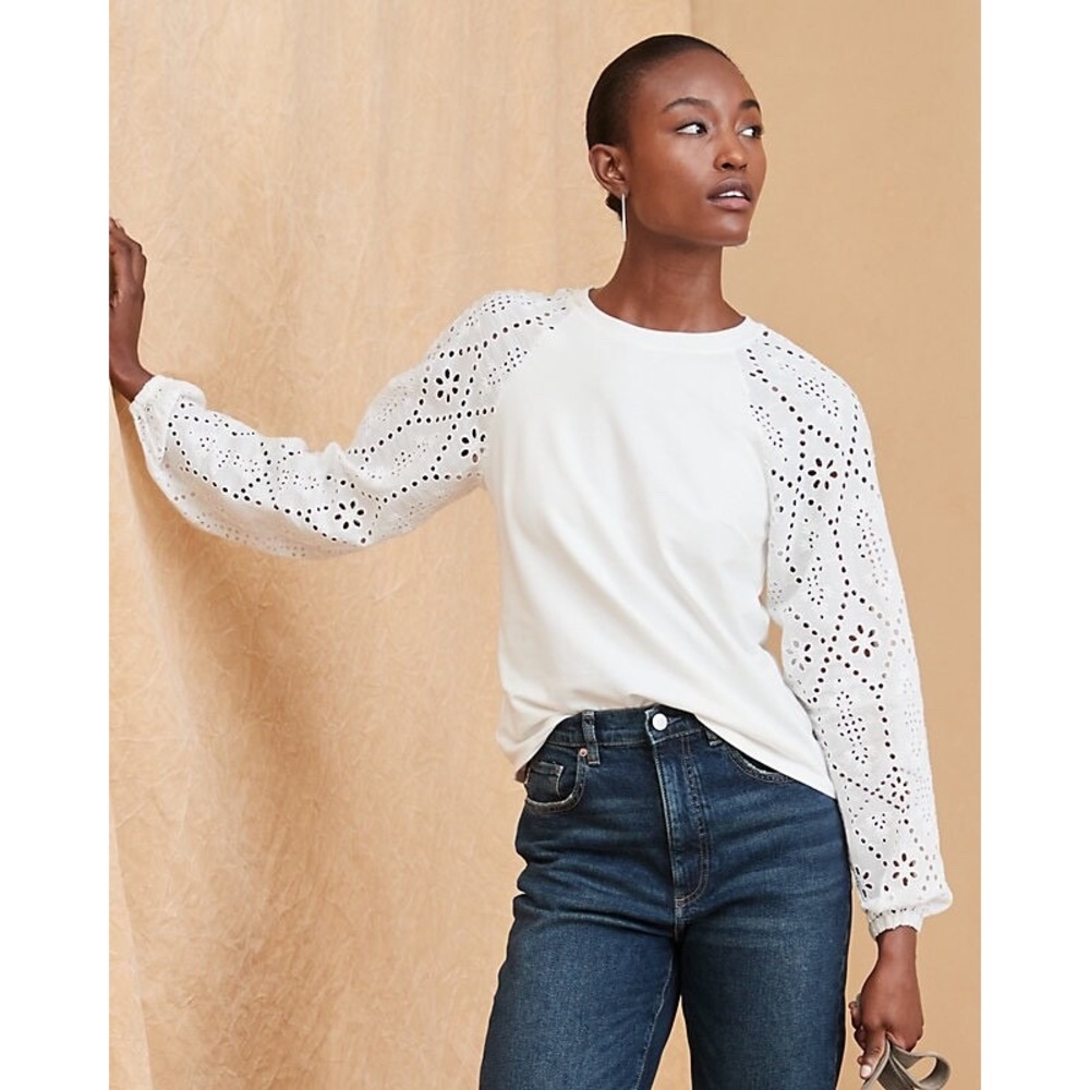 Garnet Hill Size L Ivory Eyelet Balloon Sleeve Cottagecore Boho Blouse Top